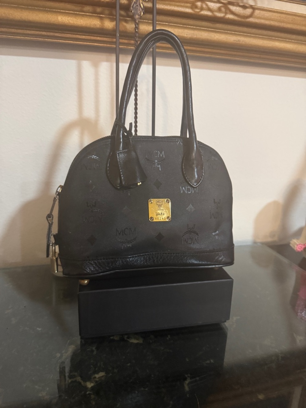 Authentic MCM Visetos Mini Tote handbag with padlock and keys